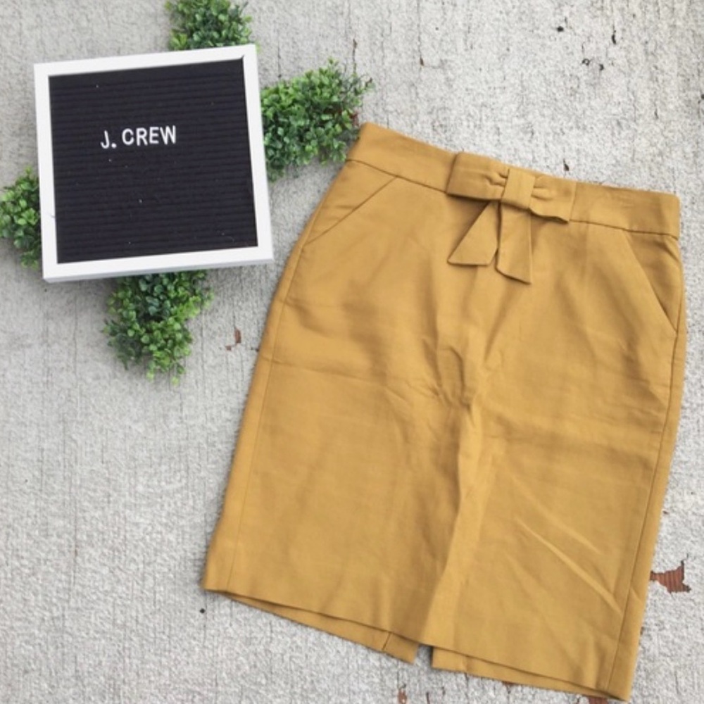 NWT J. Crew Ochre Double Serge Cotton Bow Pencil Skirt